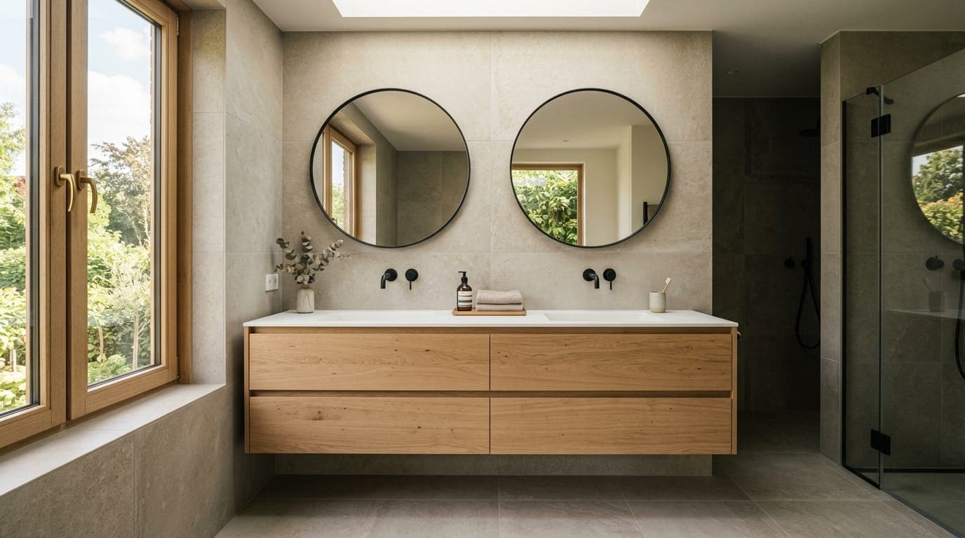 Modern afgewerkte badkamer met nieuw sanitair geïnstalleerd door een vakman