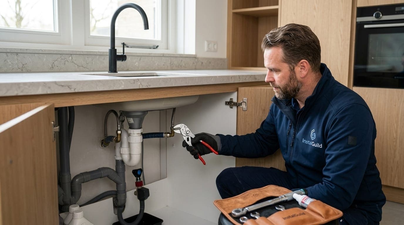 Vakman legt waterleidingen aan onder een keuken
