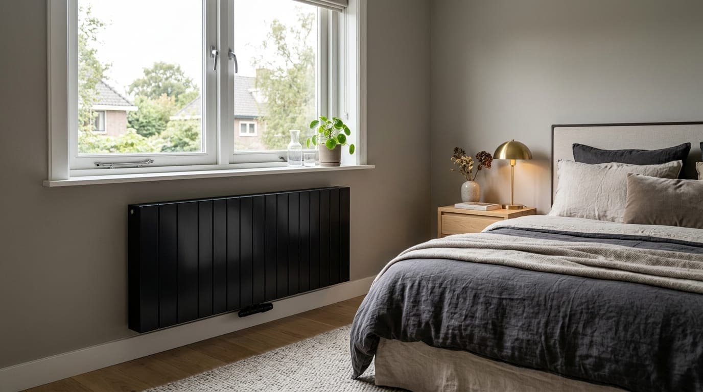 Nieuw geplaatste radiator tegen de muur in een woonkamer